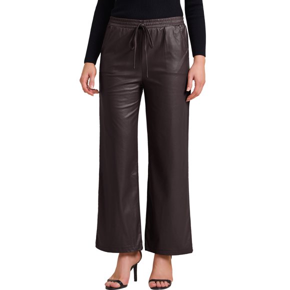 INSPIRE CHIC Women's Faux Leather Pants High Waist Straight Leg Pant Trousers with Pockets Party Outfit S Coffee
