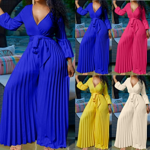 FRSASU Womens Dress Jumpsuit Dressy Long Sleeve High Waist Wide Leg Romper formal Jumpsuit Belt Pleated Deep V Neck Romper Yellow