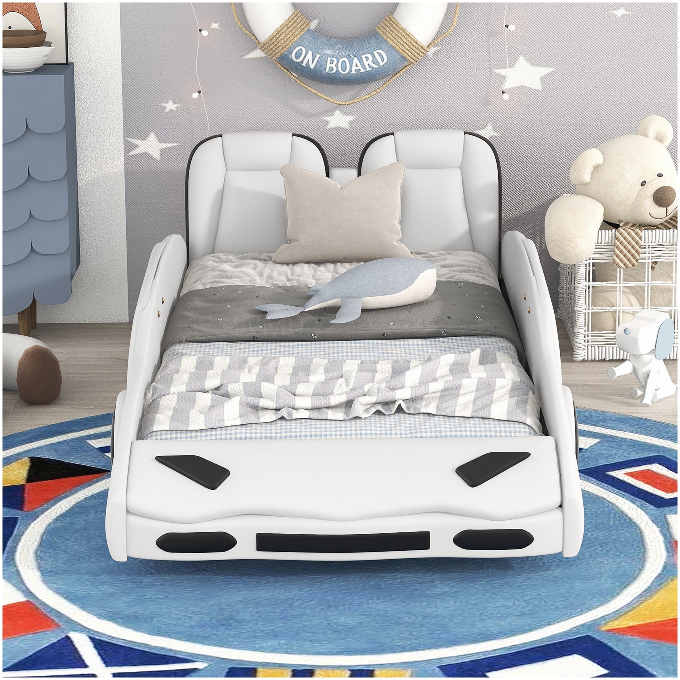 No Box Spring Twin Bed Frame, White Race Car Themed Platform Bed with Safety Rails and Wood Slats