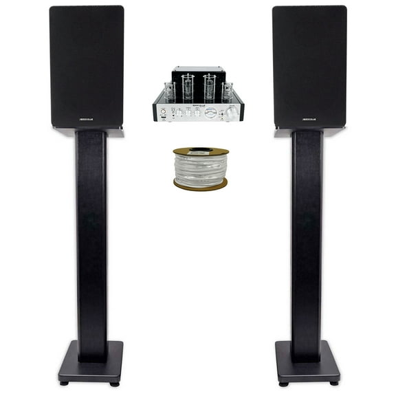 Rockville BluTube Tube Amplifier+6.5" Black Bookshelf Speakers+Black 36" Stands + Rockville BLUE 14G50 OFC 14 Gauge 50 Foot 100% Copper Speaker Wire