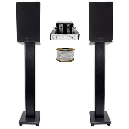Rockville BluTube Tube Amplifier+6.5 Black Bookshelf Speakers+Black 36 Stands + Rockville BLUE 14G50 OFC 14 Gauge 50 Foot 100% Copper Speaker Wire