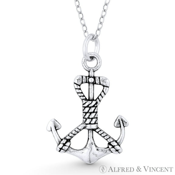 Antique-Finish Sailor's Luck Charm Anchor Pendant & Cable Chain Necklace in Oxidized .925 Sterling Silver