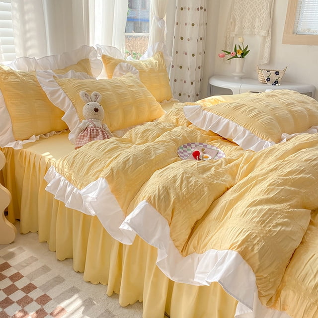 Ropa de cama de princesa coreana Seersucker con volantes Kawaii, falda de cama de encaje, funda de edredón de color sólido, juegos de sábanas dobles tamaño Queen para niñas