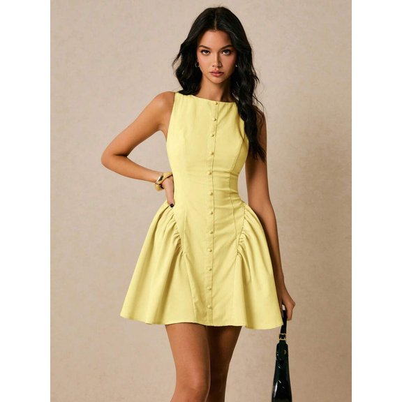 Yellow Women Boat Neck Sleeveless Pleated Fit & Flare Mini Dress Elegant Summer Tea Party
