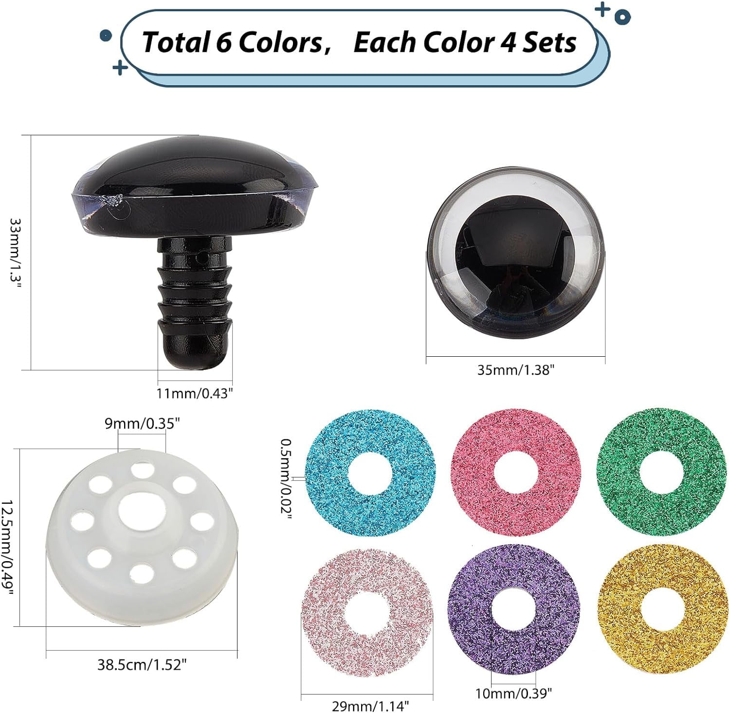 PH 24 Sets Plastic Safety Eyes 6 Colors Stuffed Glitter Animal Eyes 35mm Craft Crochet Eyes for Teddy Bear Amigurumi Craft Puppet Plush Animal Making for DIY