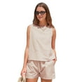 thumbnail image 3 of Women'S Summer 2 Piece Outfits Sleeveless Tank Top Matching Shorts Sets Cotton Striped Sweatsuits Khaki pattern L, 3 of 8