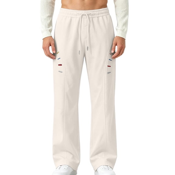 QQZ Wide Leg Flare Pants For Men, Elastic Drawstring Embroidered Casual Sweatpants For Daily Loungewear Walking Travel