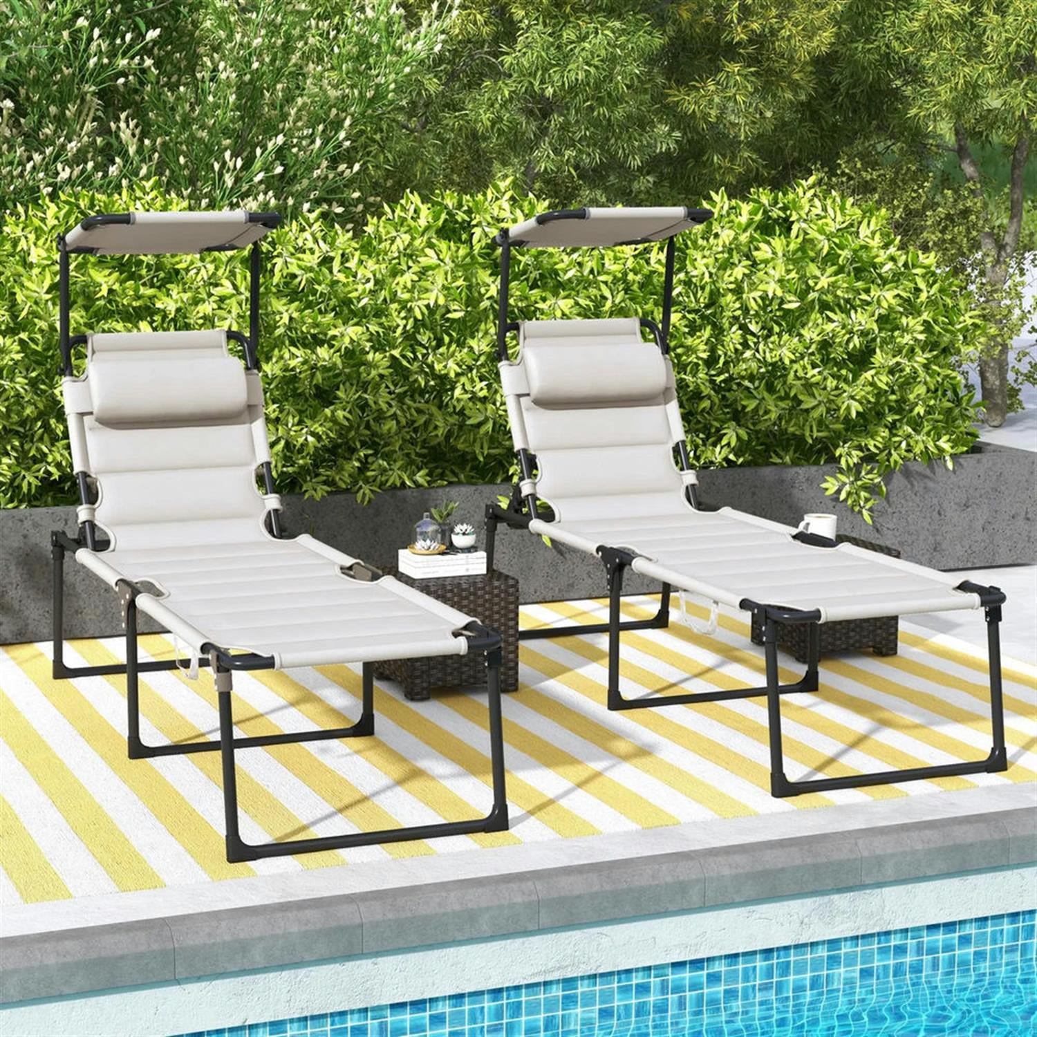 Demi Bonn 2-Piece Outdoor Folding Lounger Chair with 4-Position Backrest, Comfortable Cushions & Sun Canopy for Beach, Yard, Patio, White