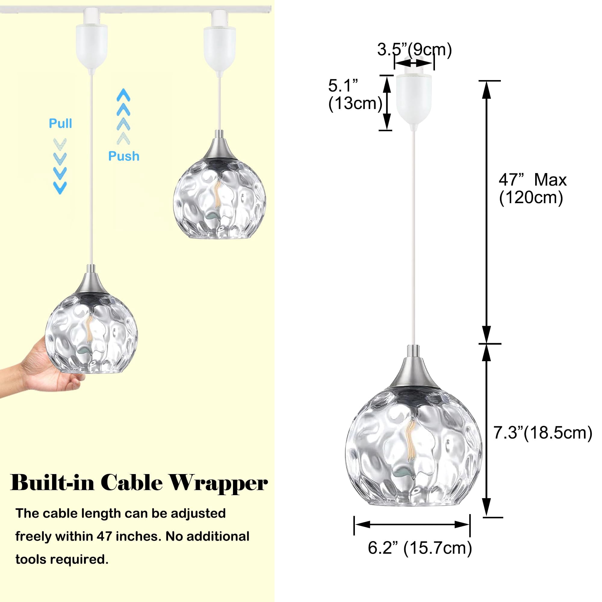 Kiven H-Type track lighting pendants,Modern h track pendant lights with Clear Glass Globe,Decorative Track Lighting Fixture Adjustable Height for Kitchen Hallway Restaurant Shop(1-Light)