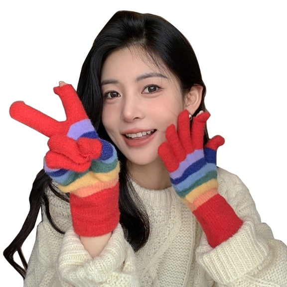 Girls 2 Finger Exposed Gloves Full Finger Warm Mittens with Striped Pattern Knitted Mittens for Women Winter Supplies