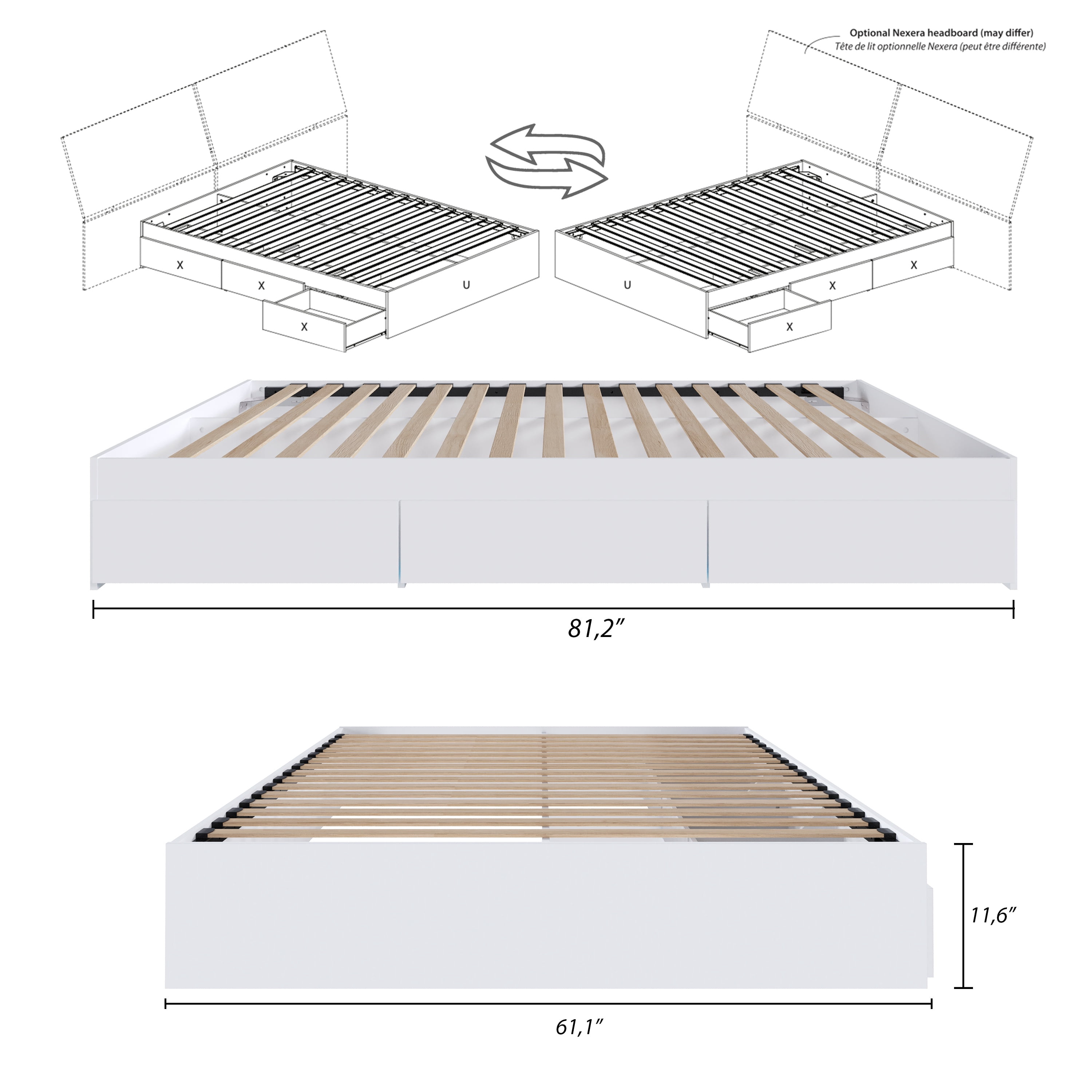 Nexera Queen Size Storage Wood Bed Frame with 3 Drawers, White