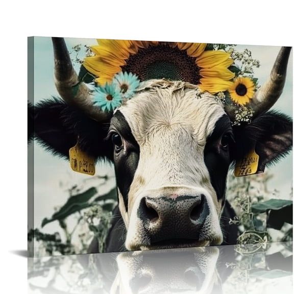 Sheronv Cow Sunflower Flower Canvas Wall Art for Living Room Bedroom Home Office Decor 20x16in