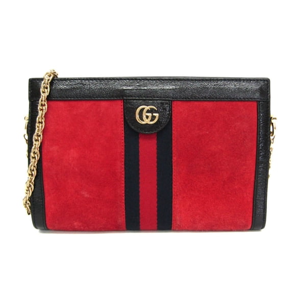 Pre-Owned Gucci Ophidia 503877 Women's Leather,Suede Shoulder Bag Black,Red Color