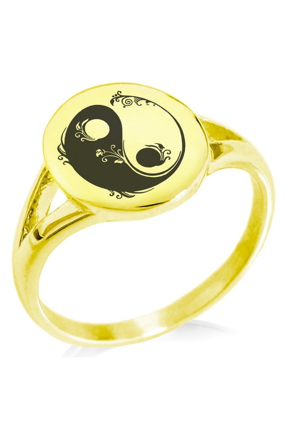 Stainless Steel Floral Yin Yang Minimalist Oval Top Polished Statement Signet Ring