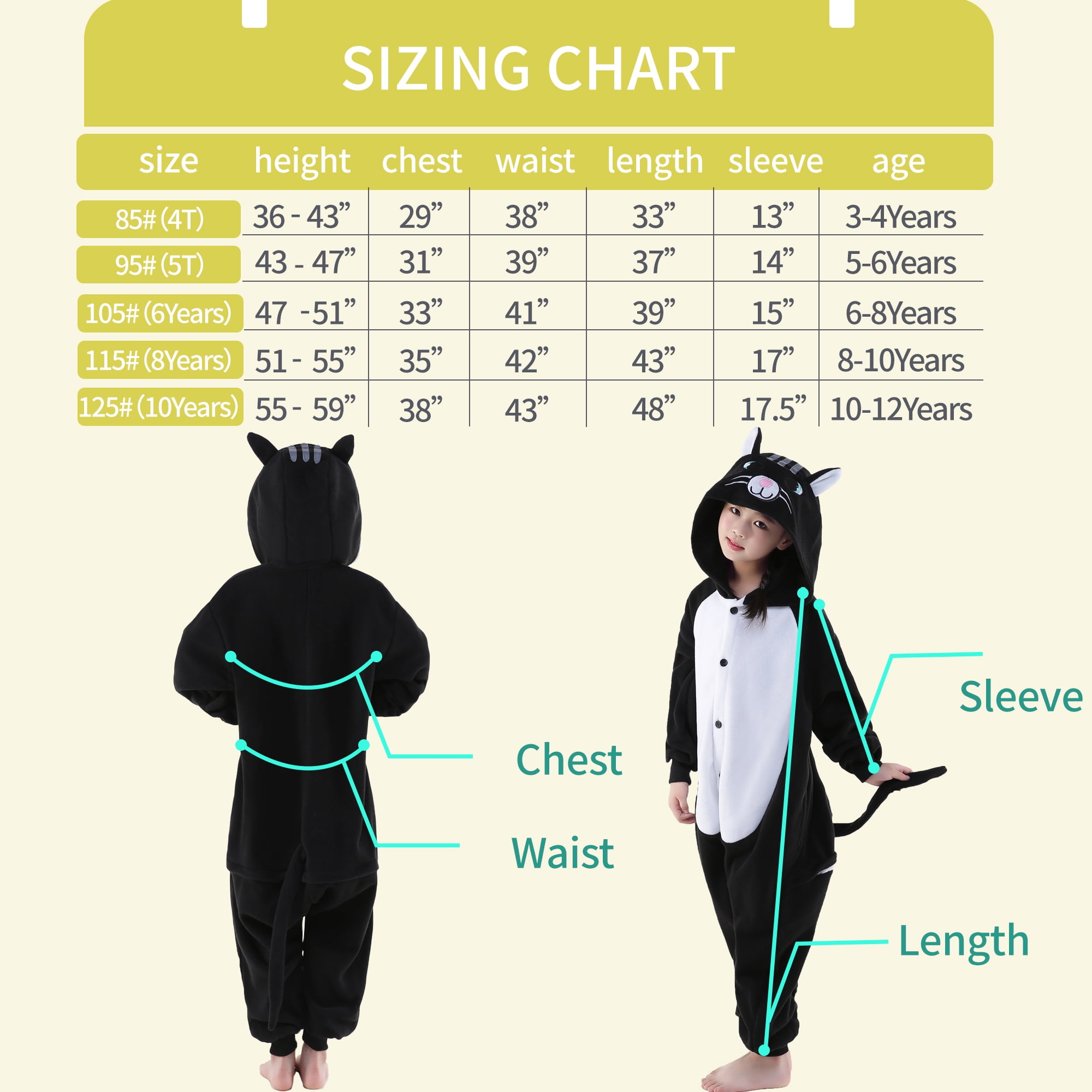 Cat Onesie Kids CANASOUR Black Cartoon Animal Pajamas Polyester Suit for Girls and Boys 10-12 Years