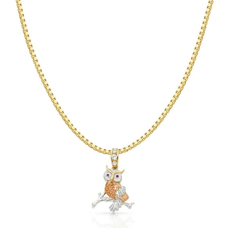 Tri Color Owl - 14K Tri Color Solid Gold Cubic Zirconia CZ Owl Charm Pendant with 1.2mm Box Chain Necklace
