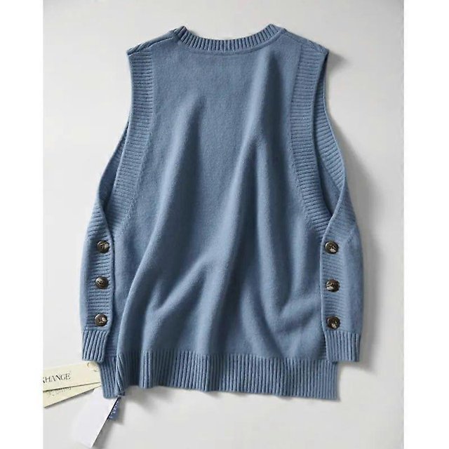 Suéter sin mangas de cuello redondo para mujer, jersey de punto acanalado de corte alto y bajo, chaleco azul, talla L, busto 44.88