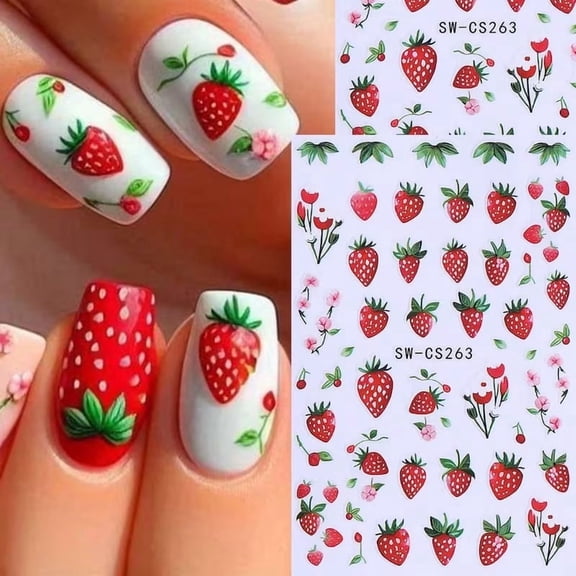 2 Pieces Strawberry Nail Stickers - Self-Adhesive Summer Nail Decoration for Vibrant Nail Art