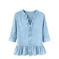 thumbnail image 6 of CLOISE 3/4 Sleeve Blouses for Women Plus Size Ruffle T Shirts Solid Color V Neck Pullover Cotton Blend Elegant Fall Tops Light Blue S, 6 of 6