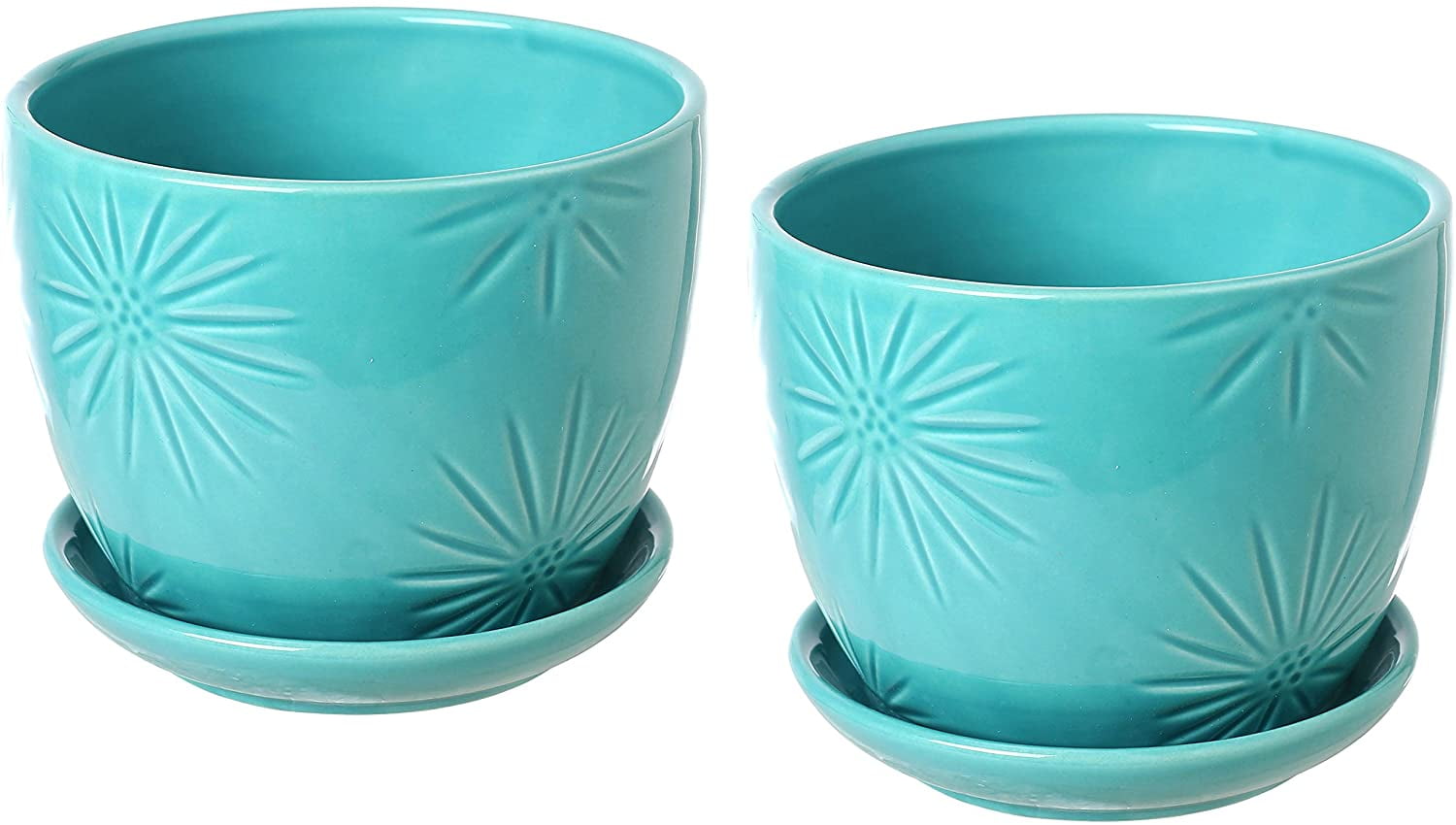 MyGift 5inch Aqua Ceramic Flower Planter Pots, Sunburst Design with