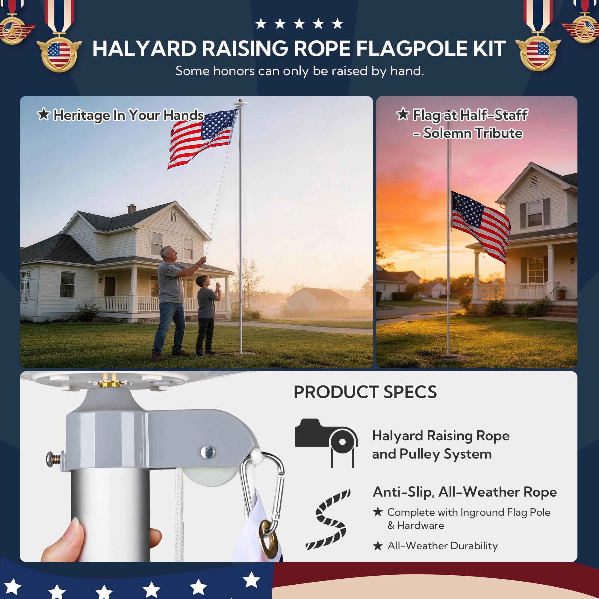 Yescom Bravery 25Ft Sectional 13Gauge Aluminum Flag Pole Kit with Solar Light US Flag for Outside House