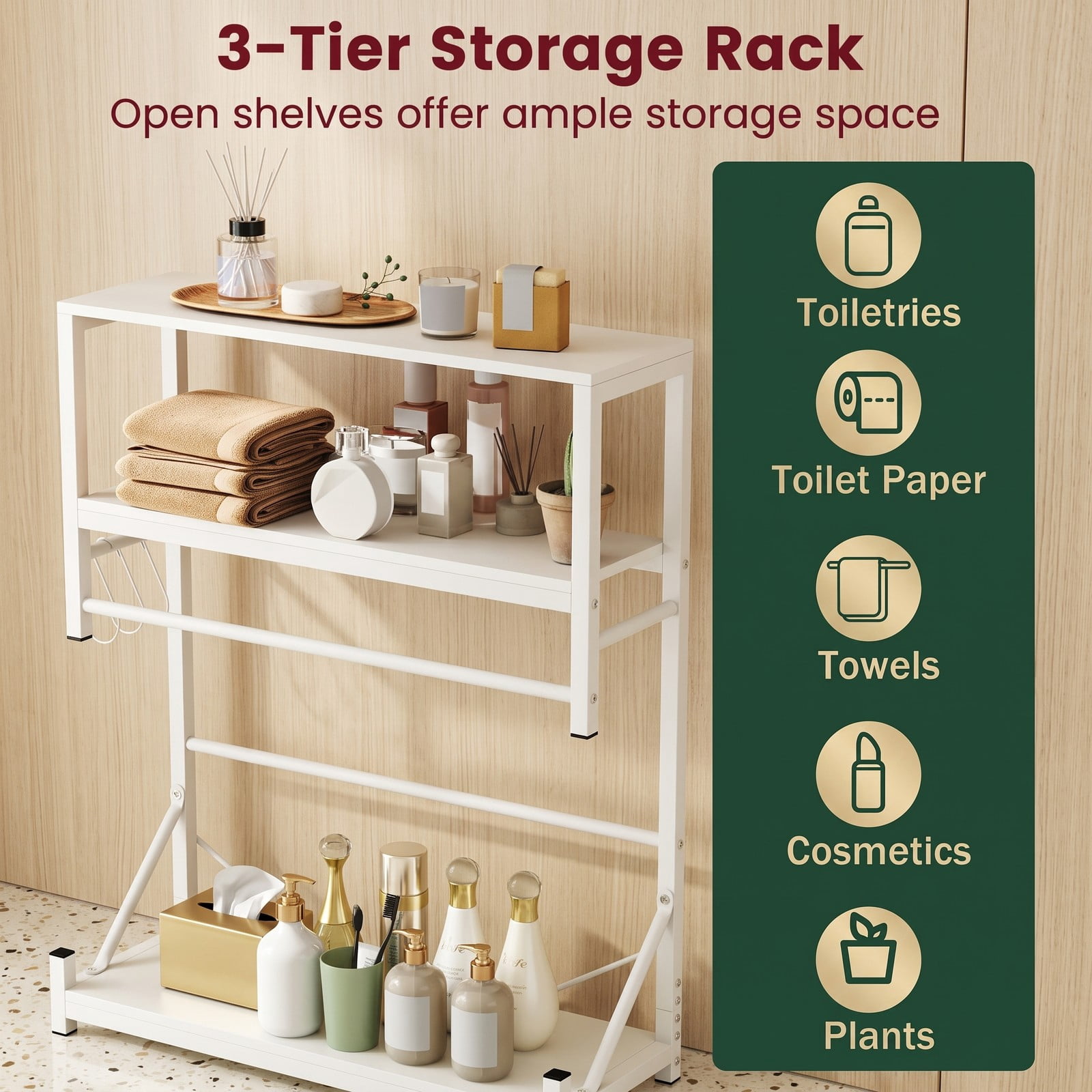 ALPULON Over the Toilet Storage Rack with Open Shelves and Towel Bar for Small Bathroom and Laundry Room Organization, White