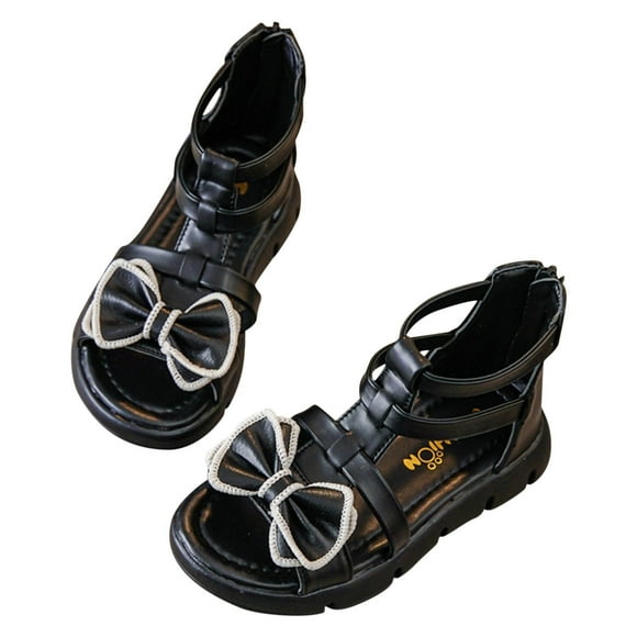 LOVZFMLL Little Girls Sandals Summer Bow Soft Sole Princess Dress Flats for Toddlers and Kids Ages 4-13 Open Toe Zip-Up Shoes Black 10-11 Years