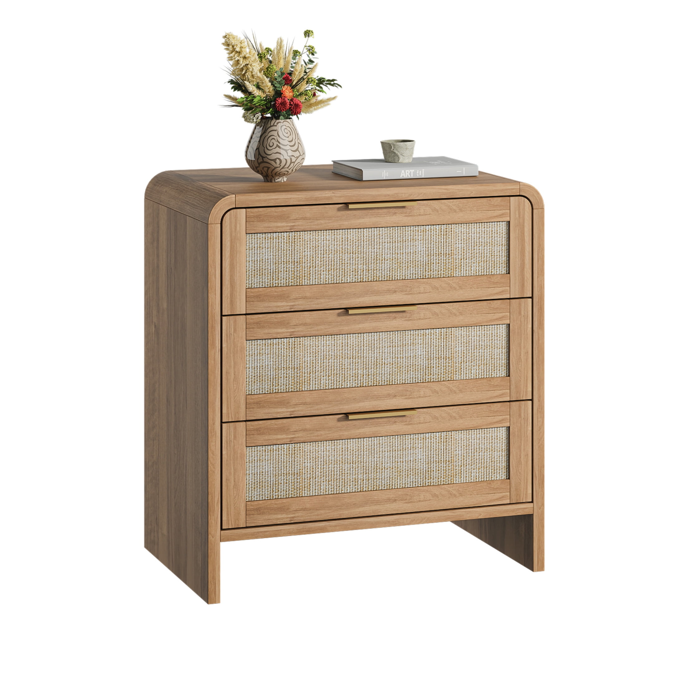 Noble House Felix 23" Rattan Wooden Nightstands, 3-Drawer Curved Bedside Tables with Gold Handles, Caramel