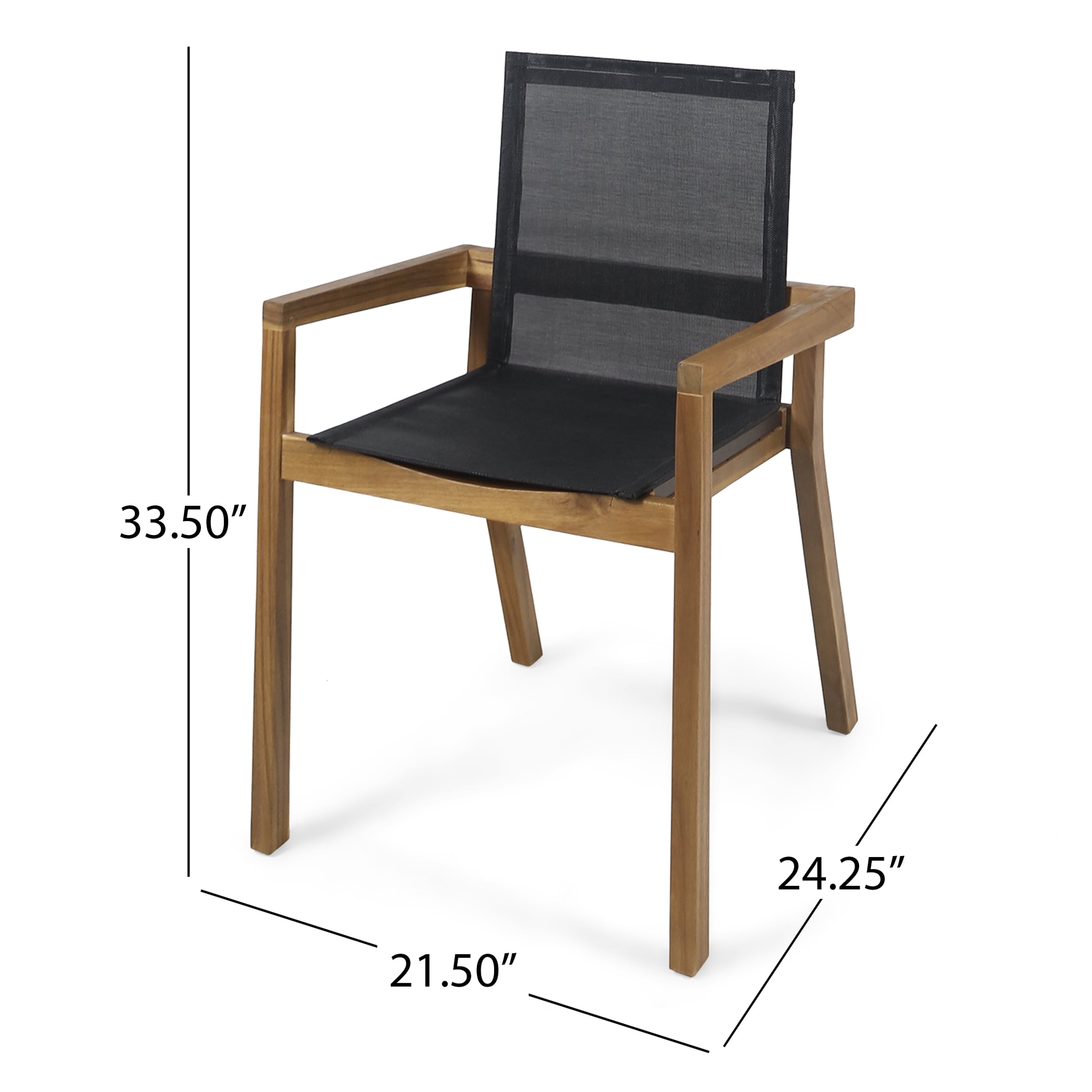 Outdoor Dining Chairs, Patio Chairs Set of 2, Acacia Wood Frame and Black Mesh Seating with Armrests, Durable Furniture for Outdoor Dining or Lounge Area in Teak Finish