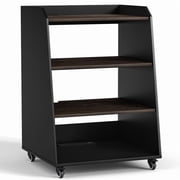 FAGAGA 4-Tier Rolling AV Media Stand with Built-in Power Strip – Modern Wooden Record Player & Stereo Rack with LED Lights, Wheels, and Vinyl Storage for Living Room or Music Room