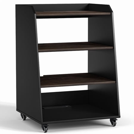 FAGAGA 4-Tier Rolling AV Media Stand with Built-in Power Strip – Modern Wooden Record Player & Stereo Rack with LED Lights, Wheels, and Vinyl Storage for Living Room or Music Room