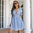 thumbnail image 3 of Women Retro Plaid Print Midi Dress Button Up V Neck Short Sleeve Ruffle Casual Dresses Blue L, 3 of 7