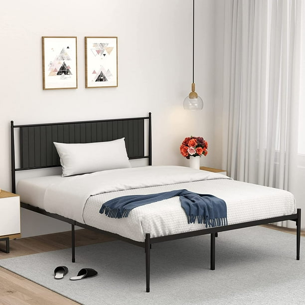Queen Size Metal Platform Bed Frame, Metal Bed Frame With Fabric Headboard