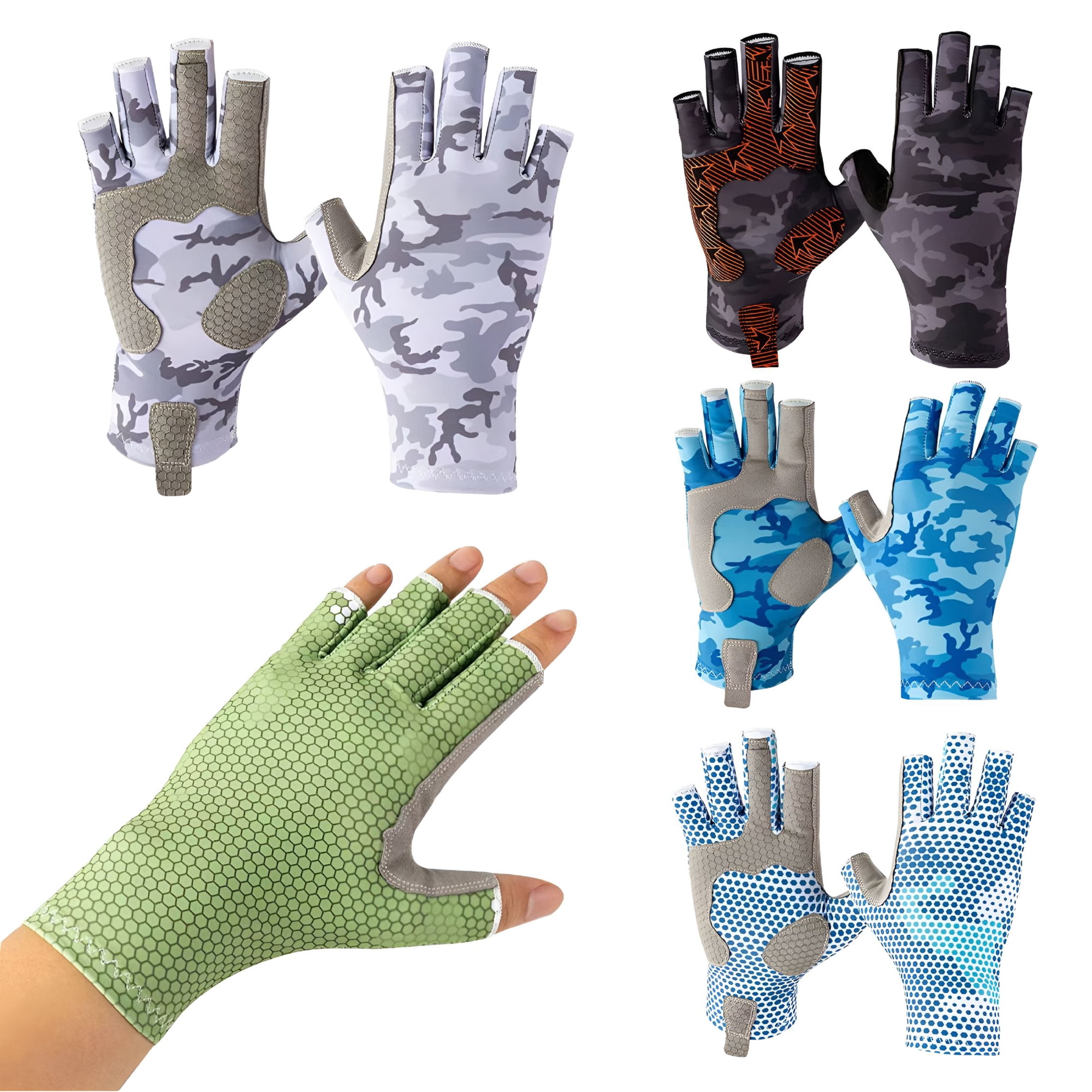 OQRKI 1 Pair Camouflage Half-finger Fishing Gloves UPF 50+ UV Protection Lightweight Men Women Outdoor Sports Sailing Kayak Paddling Rowing Fingerless Glove