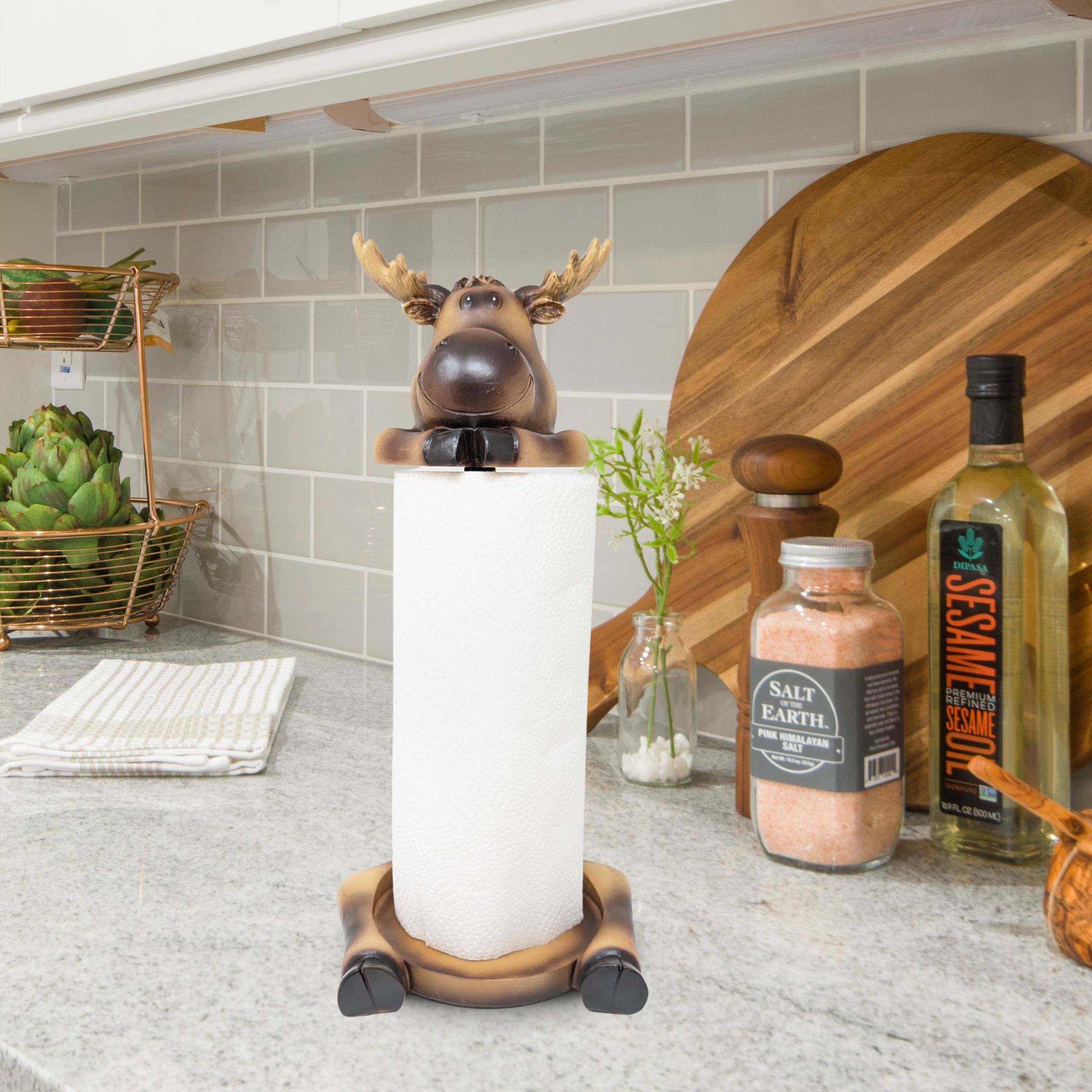 Moose Paper Towel Holder – Rustic Resin Freestanding Kitchen Countertop Paper Towel Stand – Lodge, Cabin, Farmhouse, or Woodland Decor – Funny Animal Kitchen Accessory & Moose Lover Gift Idea