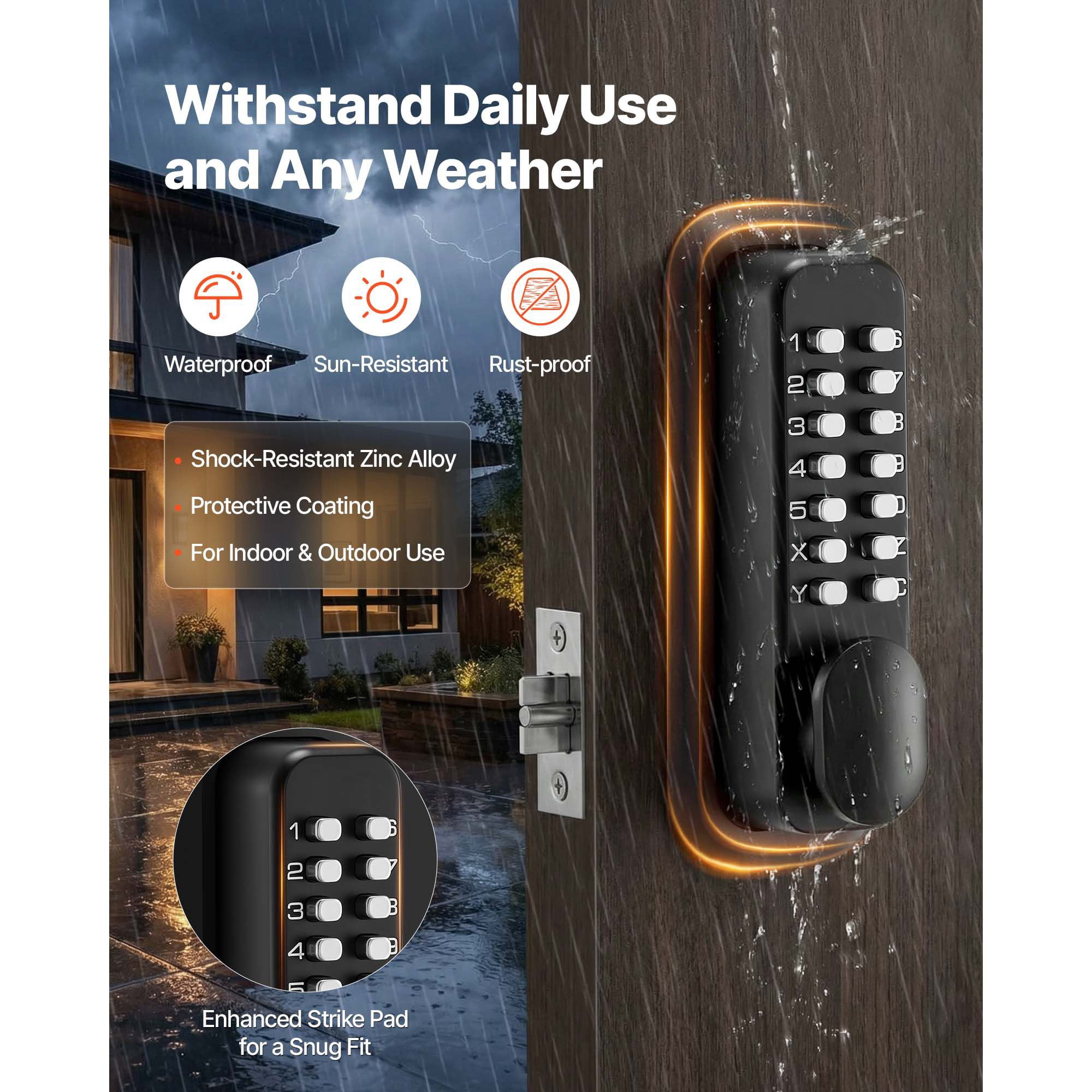 Mechanical Keyless Door Lock Gen2 Single-Sided 4-7 Digit Code No Batteries 1.4-2.5 Inch Door Thickness for Front Gate Garden Garage