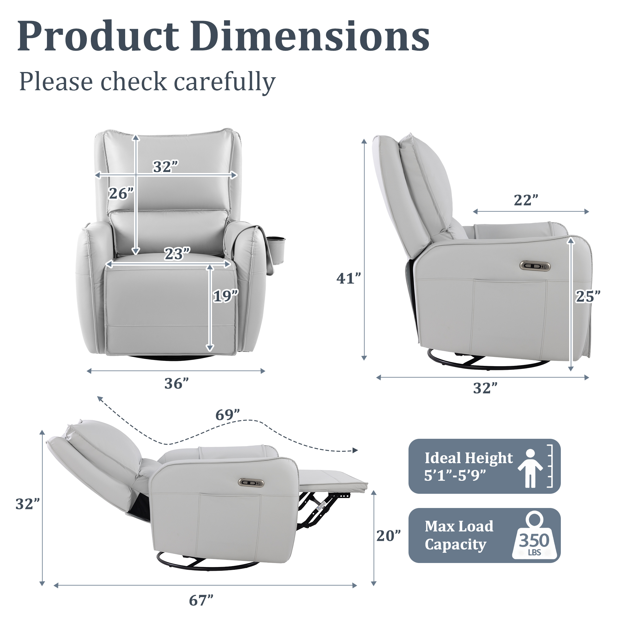 Power Recliner Rocking Chair Nursery Gliders, Electric Swivel Rocker Recliner Chair, Comfy Upholstered Living Room Reclining Chairs with Lumbar Support
