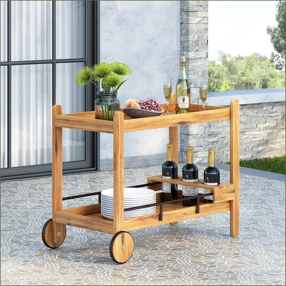 Bar Cart Transitional Slat Acacia Wood | Mobile, Wine Bottle Holders | Metal & Wood | Walnut Brown