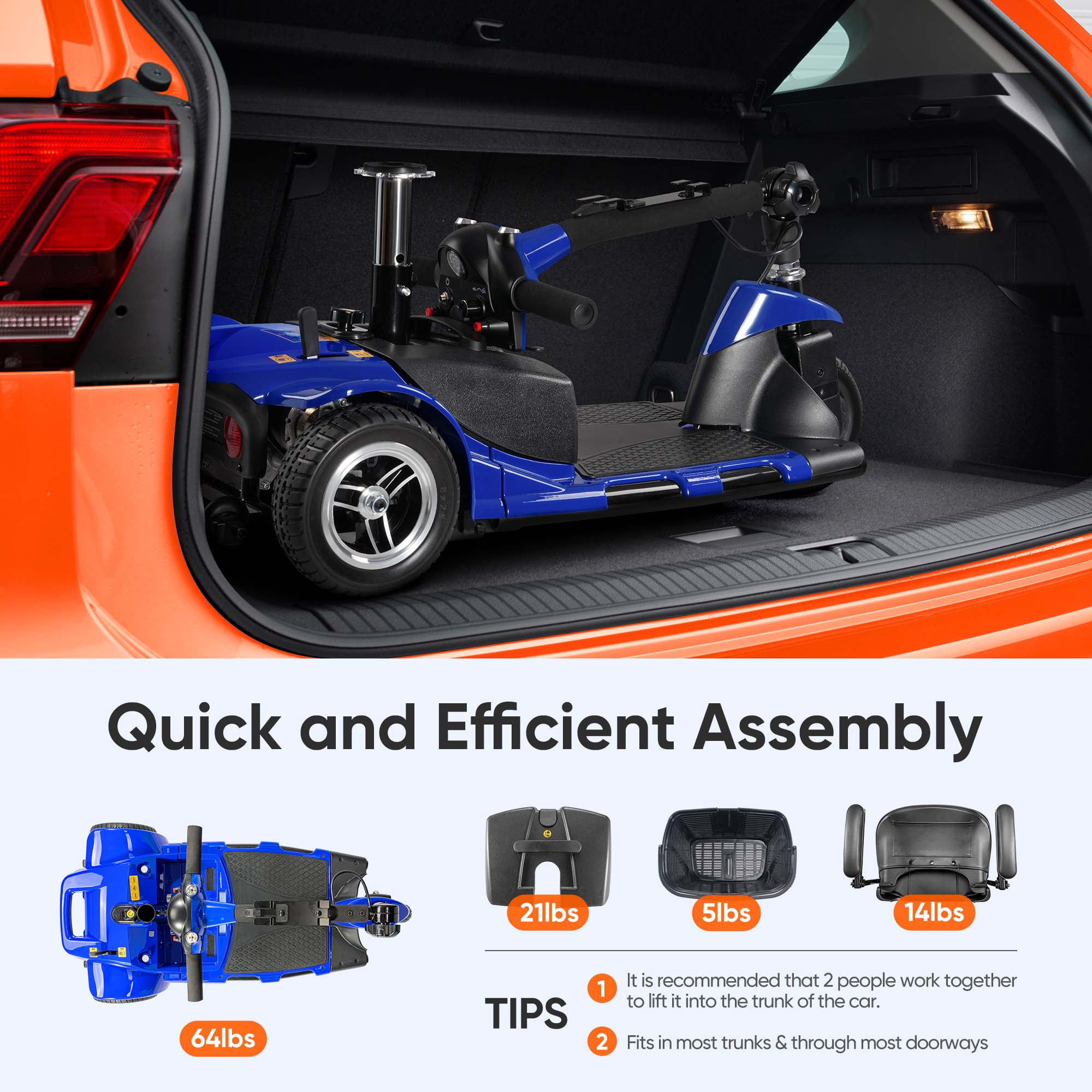 Morrean 3 Wheel Electric Powered Mobility Scooter, with Lighting Folding Travel Mobile Wheelchair for Seniors, Gift for Elderly, Blue