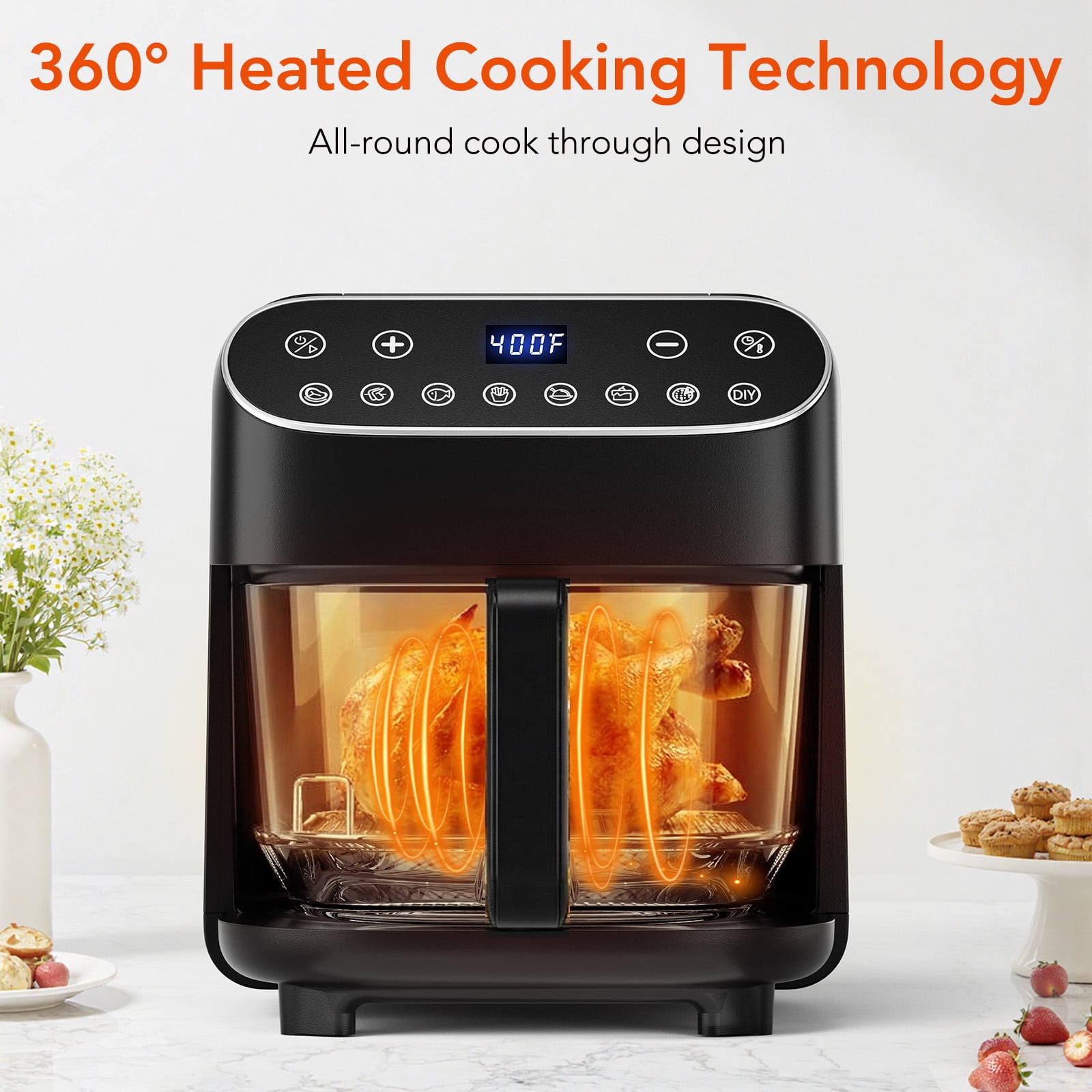 KNDKO 8-in-1 High Glass Air Fryer, Roast, Reheat, Dehydrate & Fries, PFAS-Free Non-Stick & Coating-Free, 4.5QT Compact Design, 400°F Max Temp with View Window & Dishwasher Safe Parts