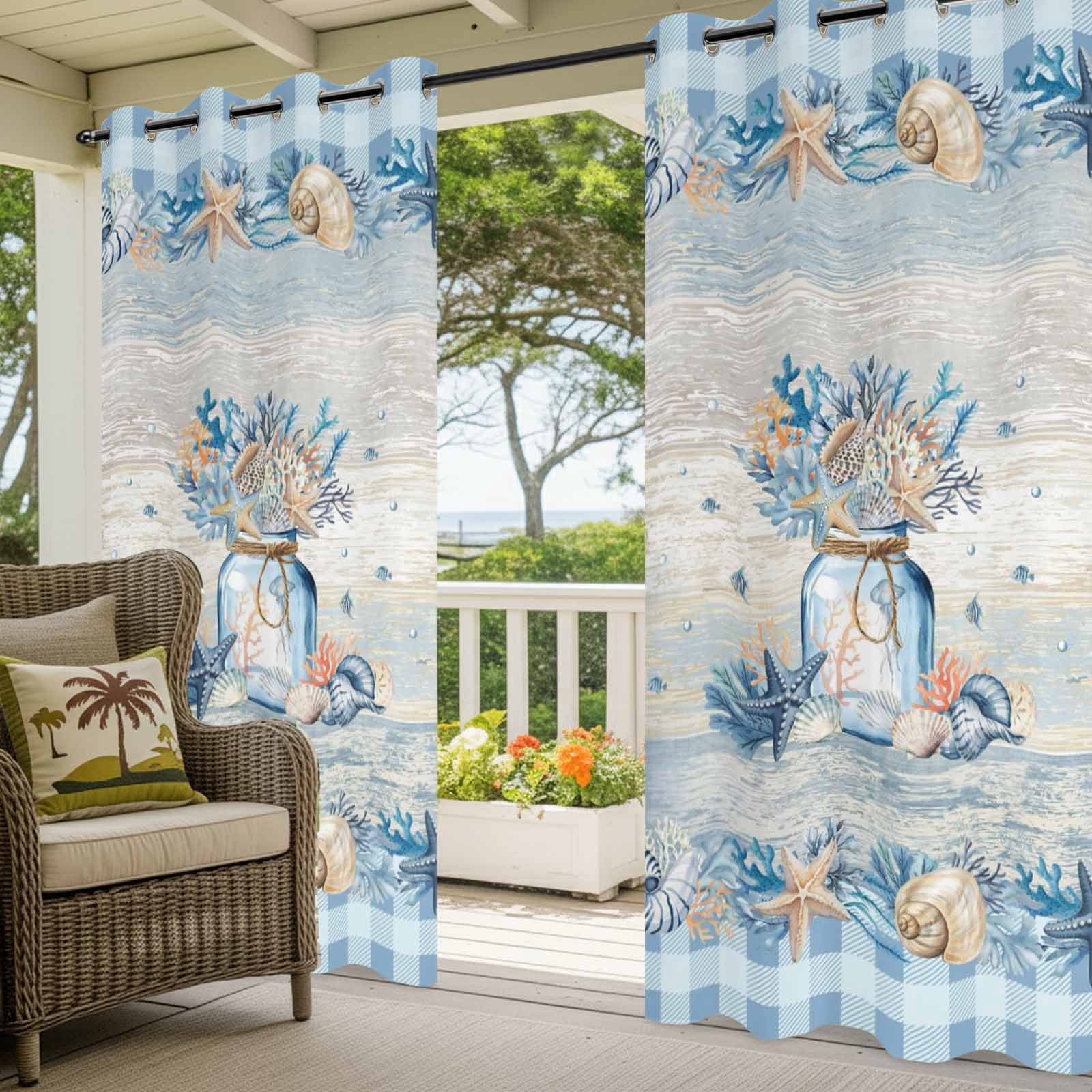 Blue Coastal Outdoor Curtains for Patio, Summer Beach Coral Starfish Vintage Plaid Ocean Sunshade Privacy Drapes Grommet Waterproof Outside Curtains for Porch/Cabana/Balcony 54"x 108", 1 Panel