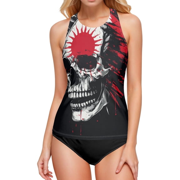 Women's Printed Tankini Top - High Elasticity Slim-Fit Swimsuit with Removable Straps & Cups, Perfect for Beach & Pool Parties，Skull