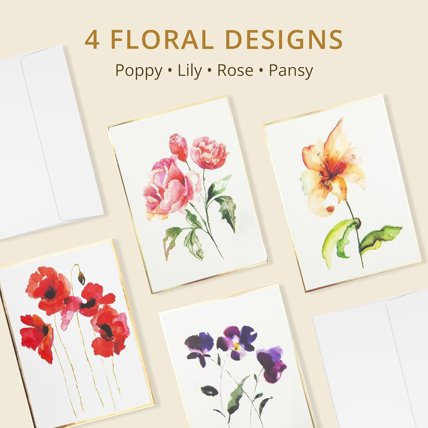 Watercolor Flowers Greeting Cards | 20 Pack | All Occasion Blank Note Cards with Envelopes | 4 Assorted Floral Designs with Gold Foil Borders | Boxed Set for Personalized Notes | 4.25" x 6"