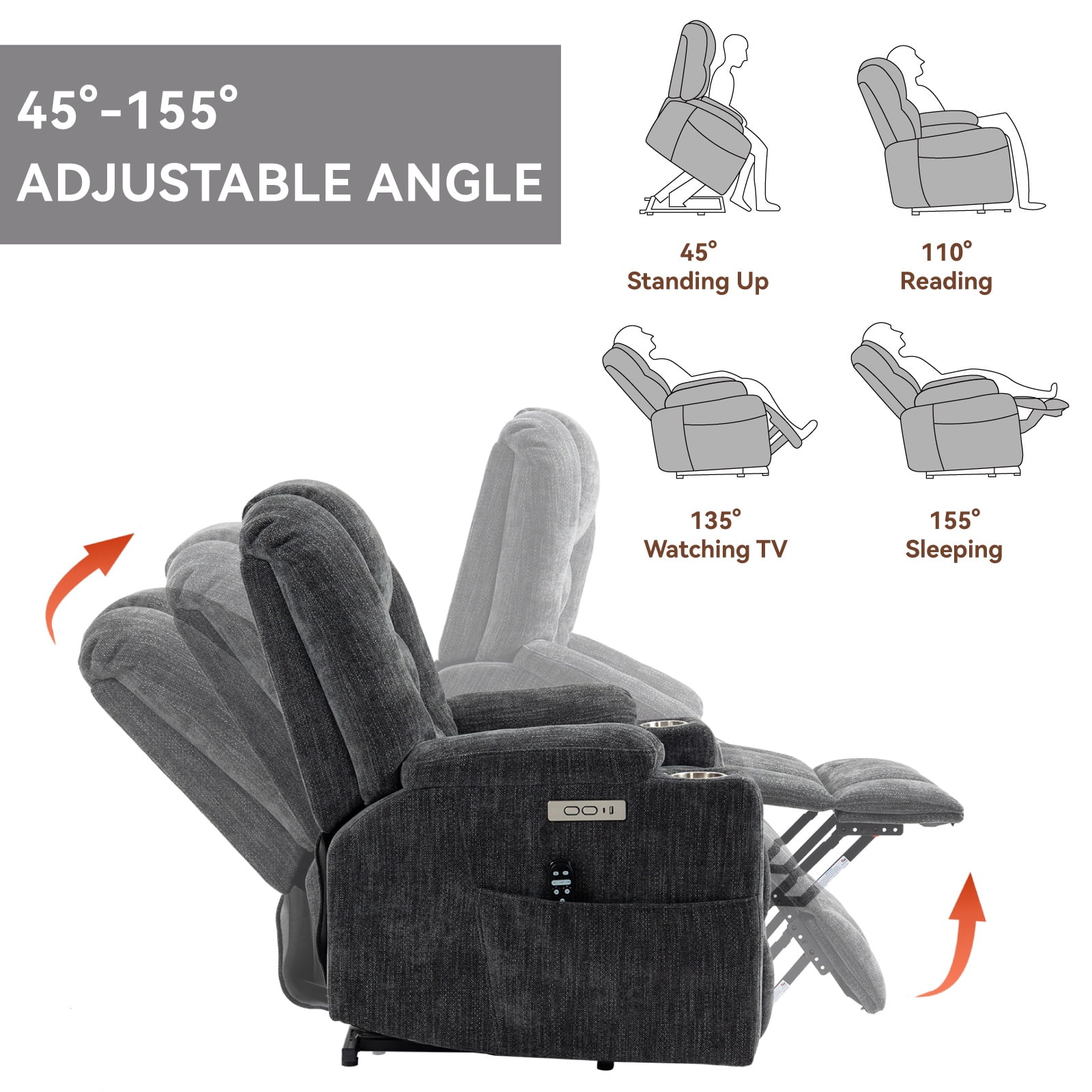 Power Lift Recliner Chair with Massage and Heat for Elderly, Segmart Overstuffed Wide Recliners, Heavy Duty Motion Mechanism with USB and Type C Ports, 2 Steel Cup Holders, Dark Gray