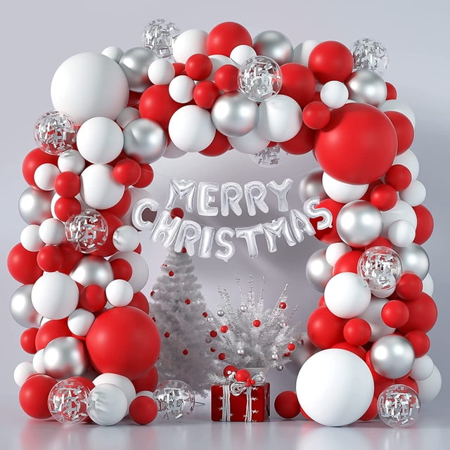 Jinsinto Kit Arche de Ballons de Noël Kit Guirlande de Ballons Rouges et Blancs avec Boîte Cadeau Ballons Joyeux Noël Ballons en Aluminium