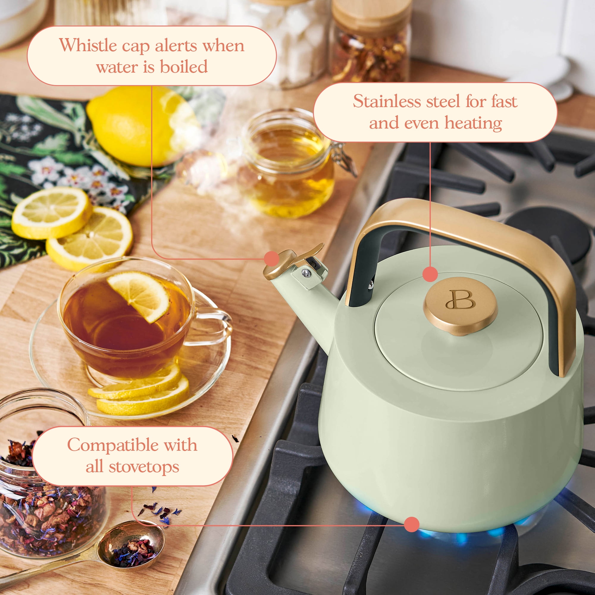 Beautiful 1.8L Ceramic Non-Stick Stovetop Tea Kettle, Sage Green by Drew Barrymore