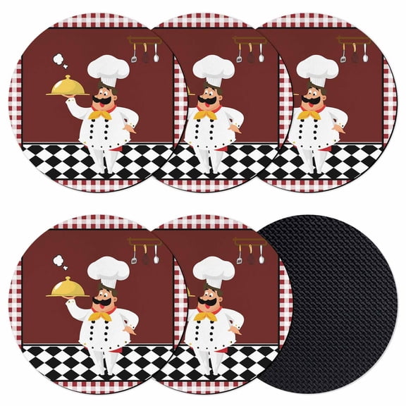 Fat Chef Coasters Set of 6, Soft Absorbent Coasters for Drinks, Red Gourmet Kitchen Red Black Buffalo Plaid Non-Slip Cup Coaster Mat with Rubber Bottom for Home Kitchen Desk Coffee Bar Table Decor 4"