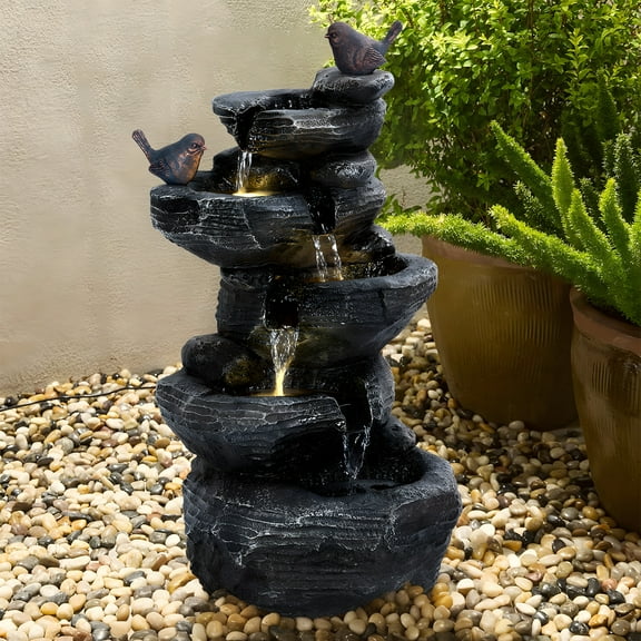 5-Tiers Cascading Rock Water Fountain, Outdoor Water Fountain with LED Light, Outside Patio Water Features Fountain