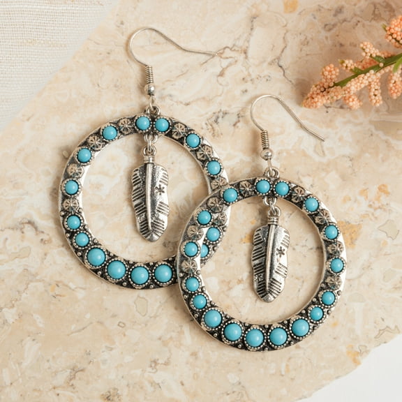 Howard's Blakely Western Turquoise Feather Charm Hoop Drop Earrings for Women
