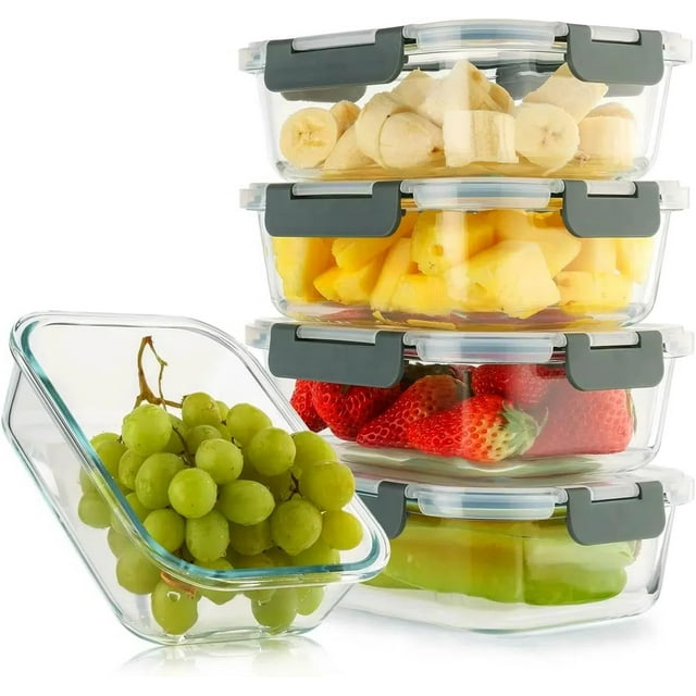 5 Pack 36 Oz Glass Meal Prep Containers with Lids, Reusable Glass Food Storage Containers with Lids, Leak Proof, Microwave, Oven, Freezer and Dishwasher Safe (Gray)